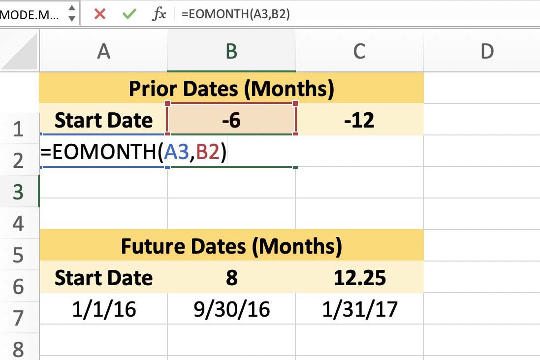 Captura de tela do Excel mostrando exemplos de EOMONTH.