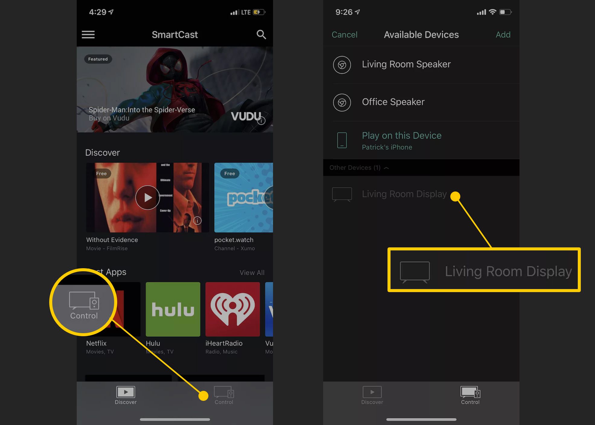 Botão de controle e botão de exibição da TV na sala de estar no aplicativo Vizio para iOS