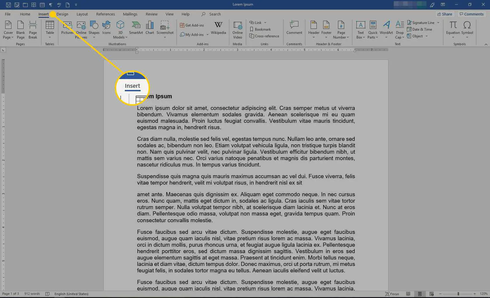 Microsoft Word com o título Inserir destacado