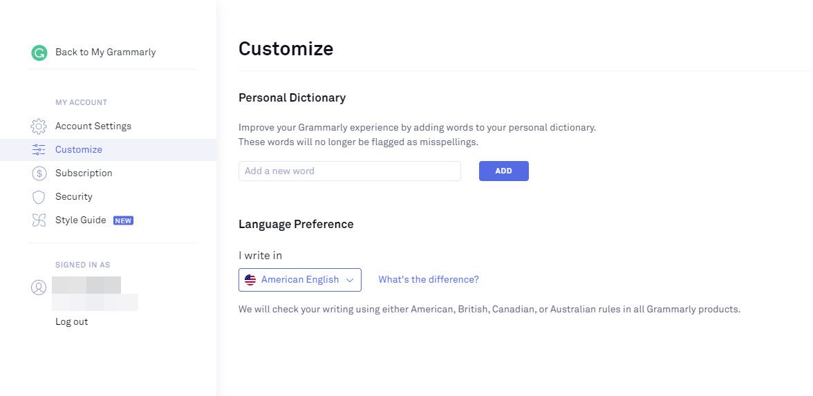 As opções de personalização em uma conta online do Grammarly.