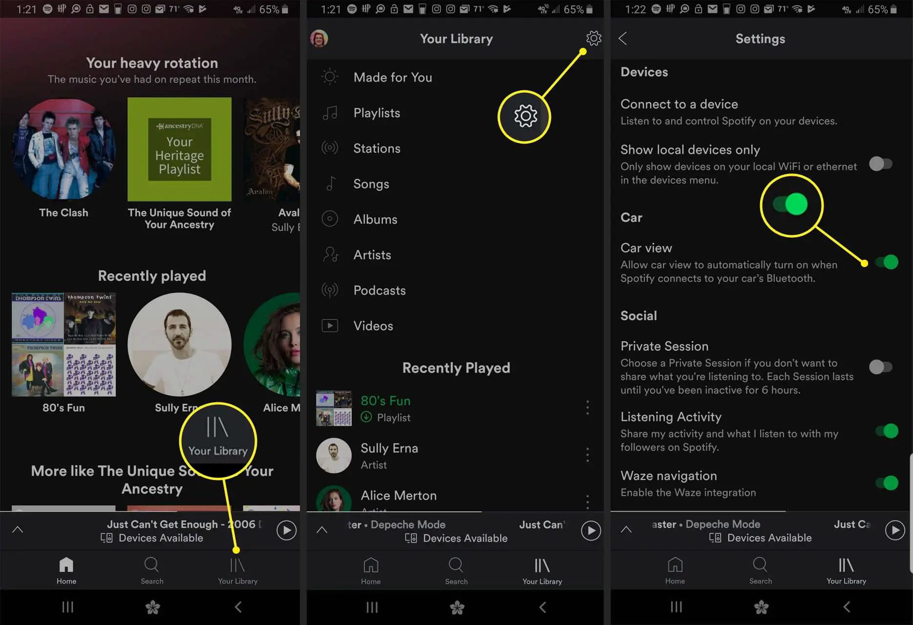 Aplicativo Spotify mostrando configurações de visualização do carro