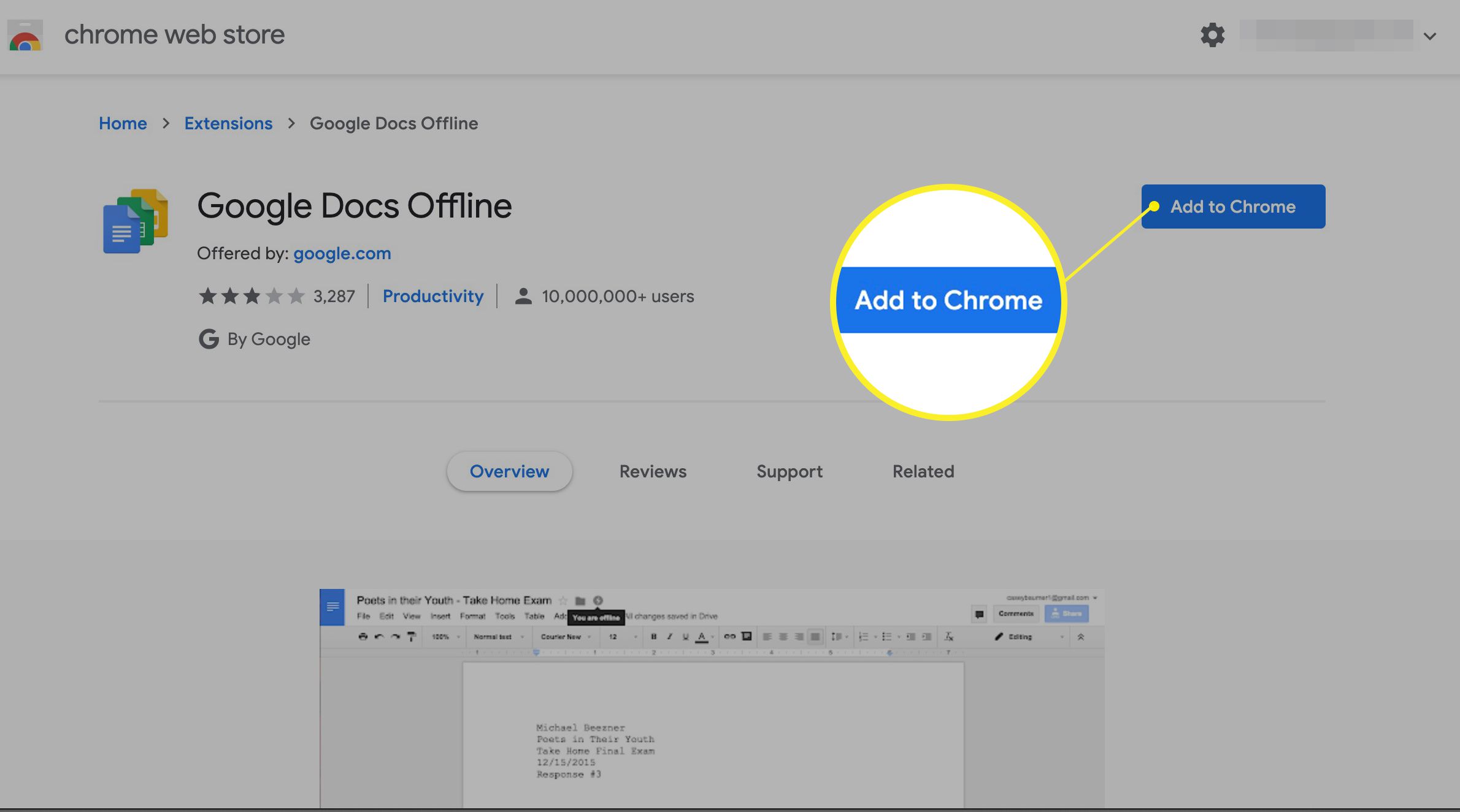 Adicione a extensão Google Docs Offline ao Chrome na Chrome Web Store