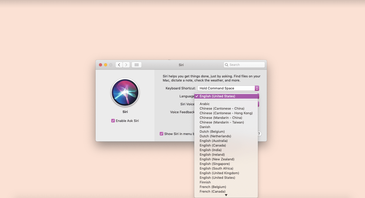 Captura de tela das preferências de idioma para Siri no Mac