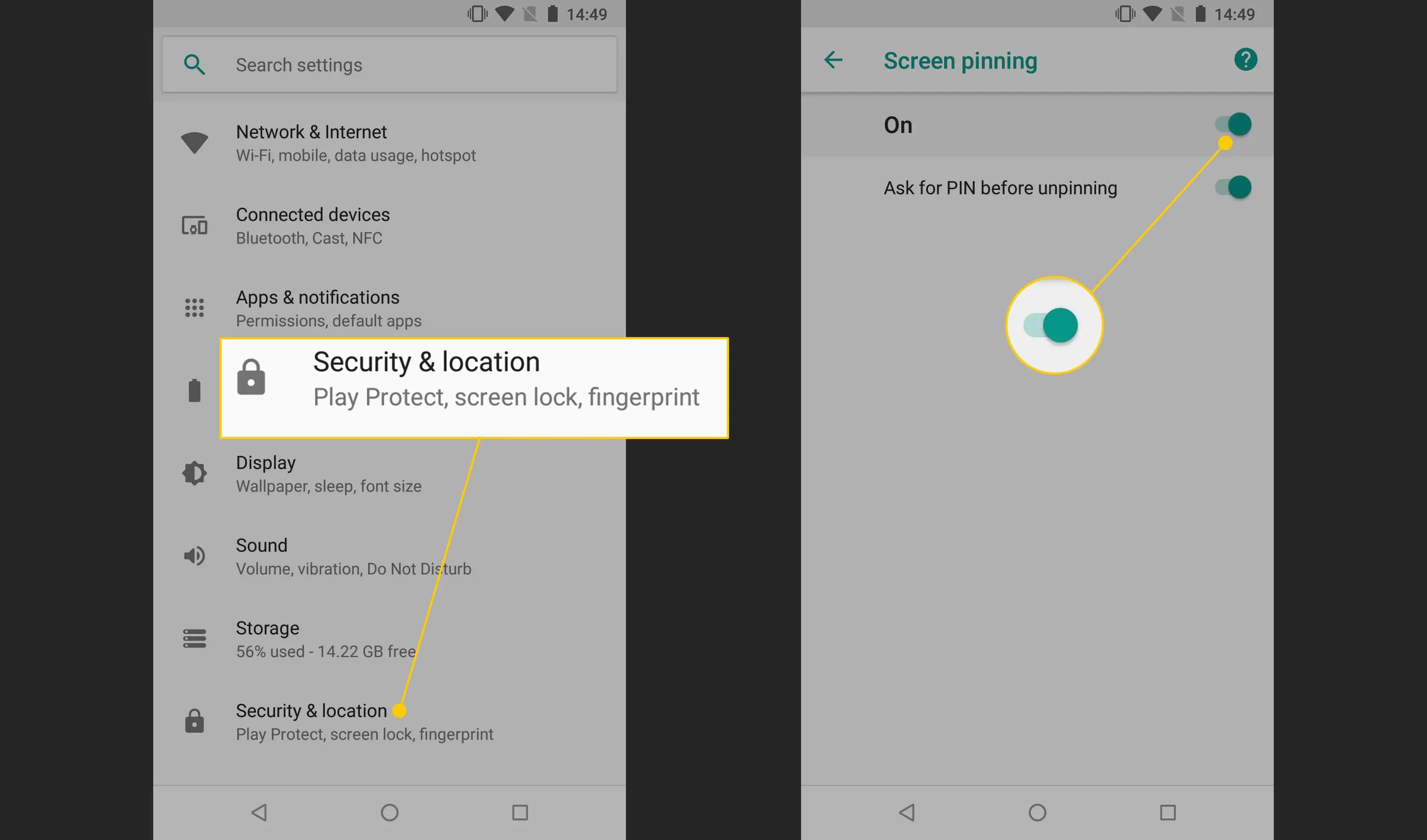 Segurança e localização, botão de fixação de tela no Android