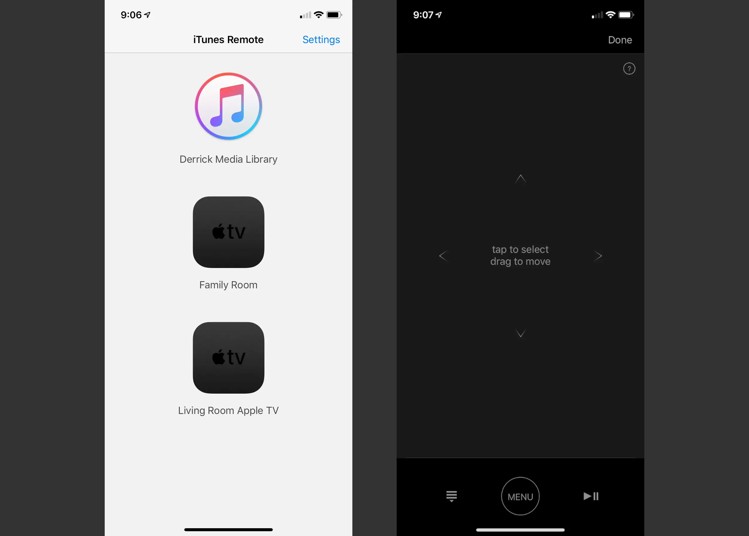Capturas de tela da seleção de televisão e controles de rolagem no aplicativo Apple TV Remote.