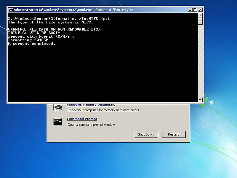 Captura de tela do formato comando write zero em um prompt de comando de um disco de recuperação do sistema