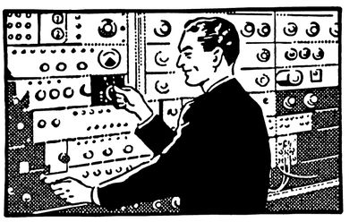 Ilustração de um homem em uma velha mesa telefônica