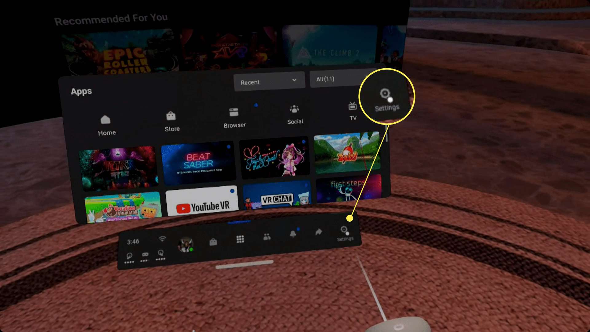 O menu universal Oculus Quest com Configurações selecionadas.