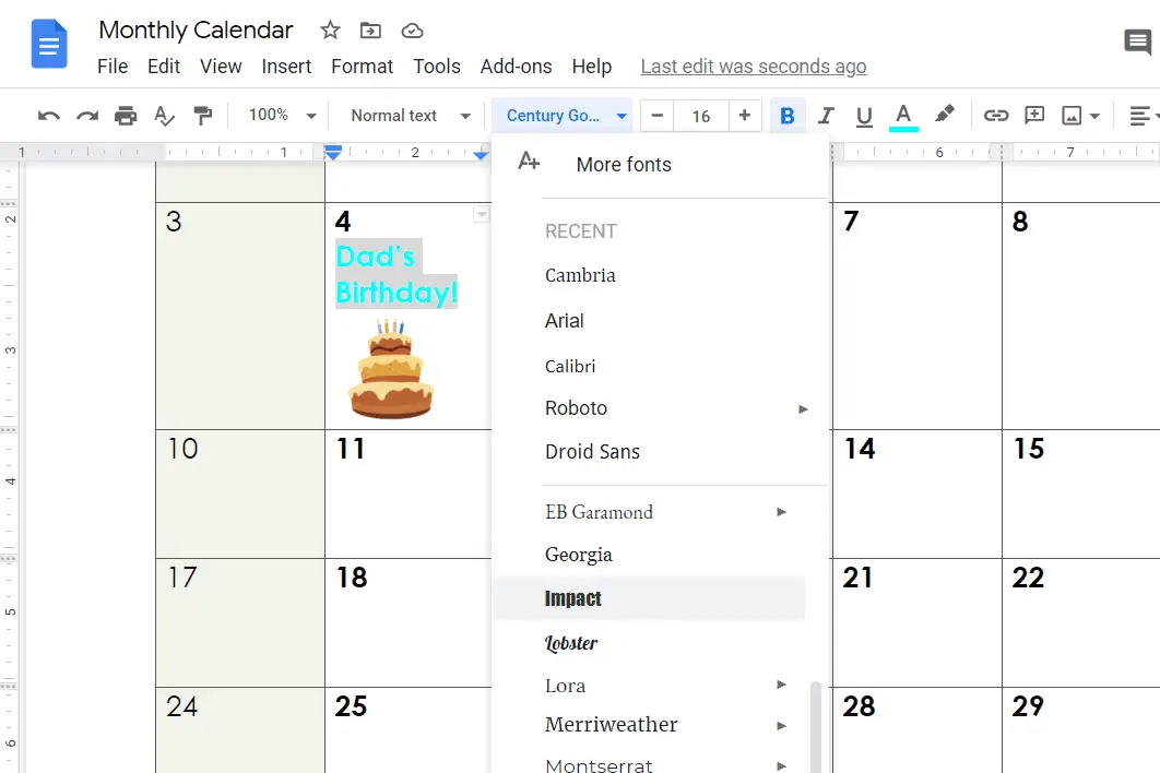 Captura de tela das opções de formatação em um modelo de calendário do Google Docs