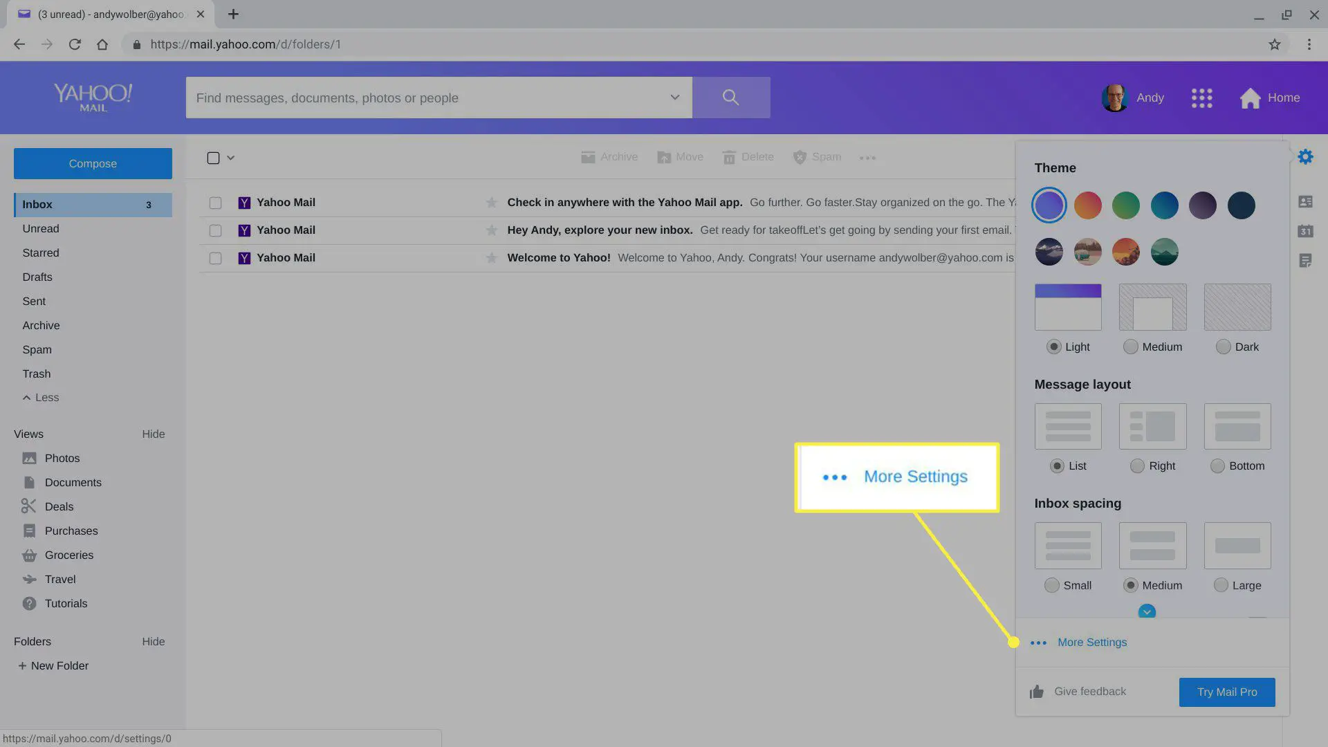 Mais configurações no Yahoo Mail