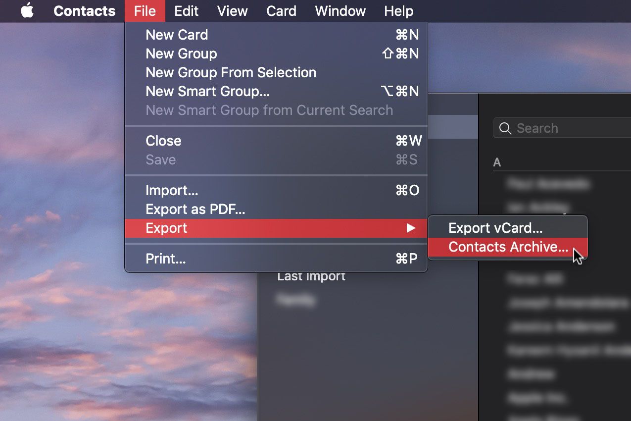 Exportar, seleção do arquivo de contatos nos contatos do macOS