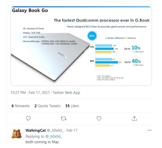 Um tweet de WalkingCat revelando detalhes do Galaxy Book Go.