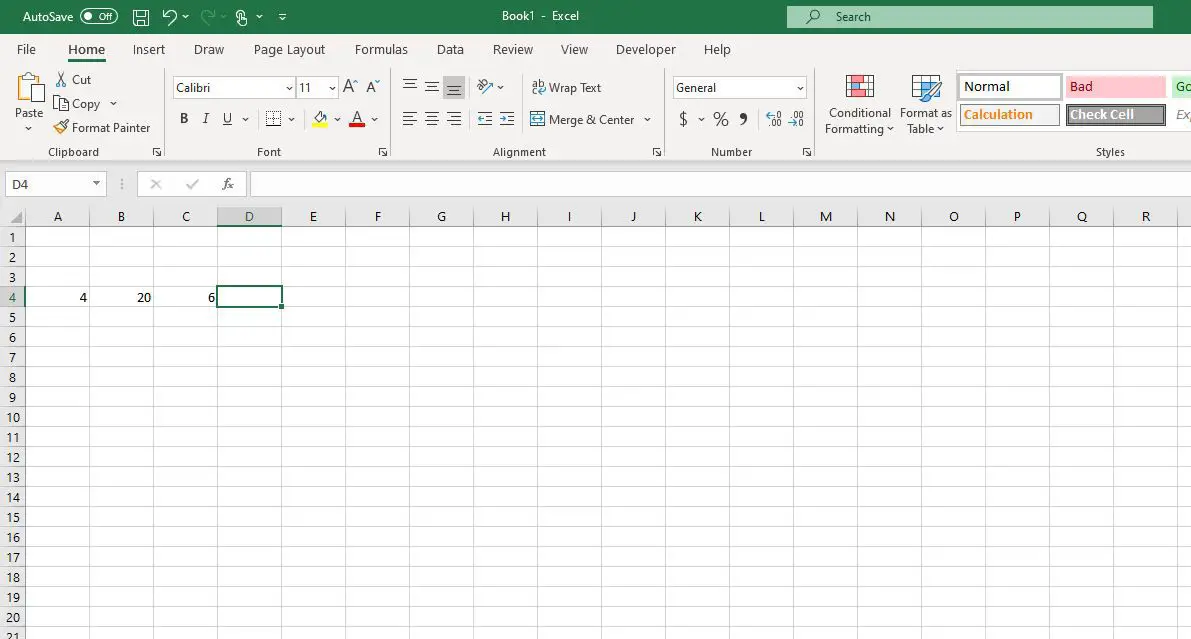 Célula D4 selecionada na planilha do Excel.