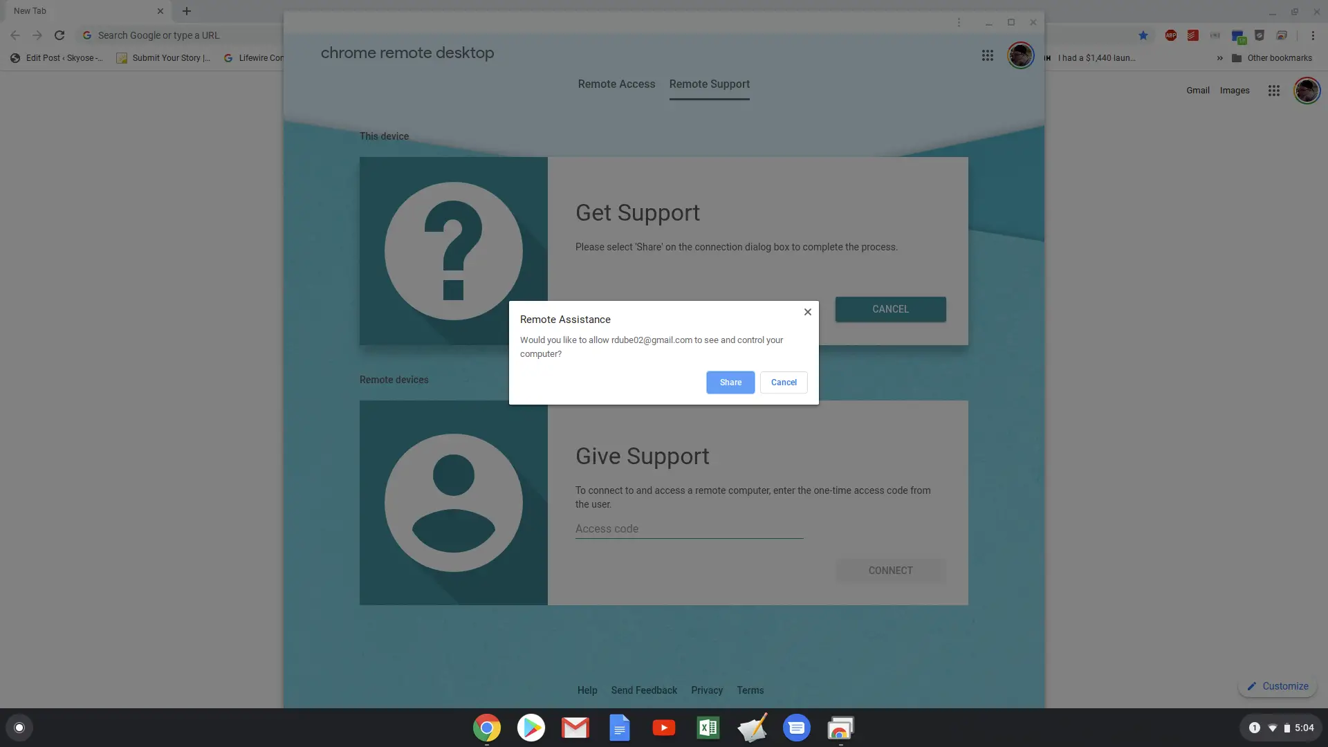 Captura de tela de confirmação da área de trabalho remota no Chromebook