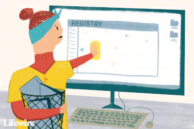 Ilustração animada de uma pessoa limpando um registro em uma tela de computador