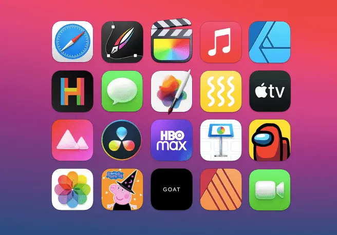 Uma coleção de aplicativos disponíveis no macOS, incluindo HBO Max, Among Us e Apple TV
