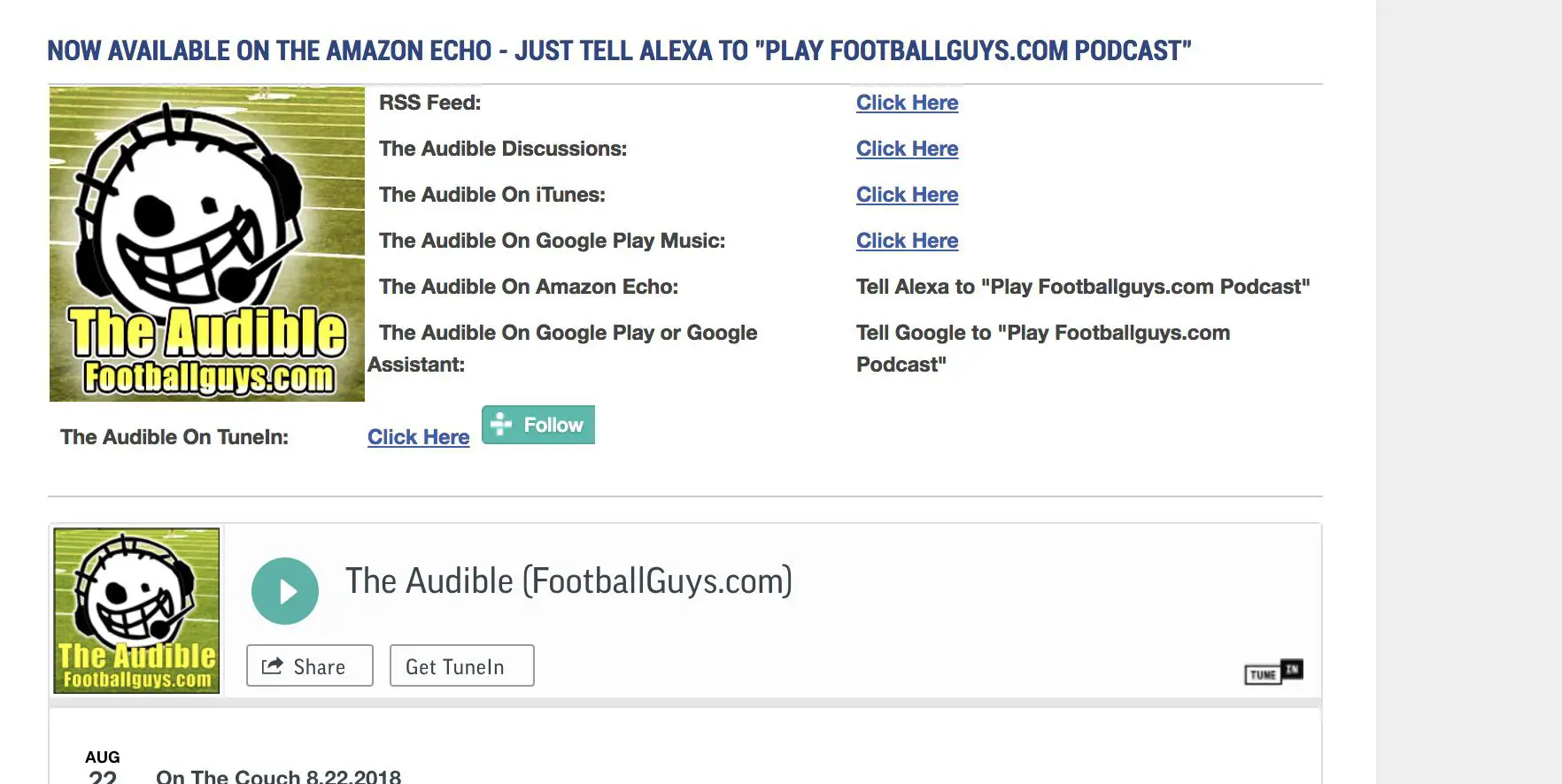 Captura de tela da página inicial do podcast de futebol de fantasia The Audble.