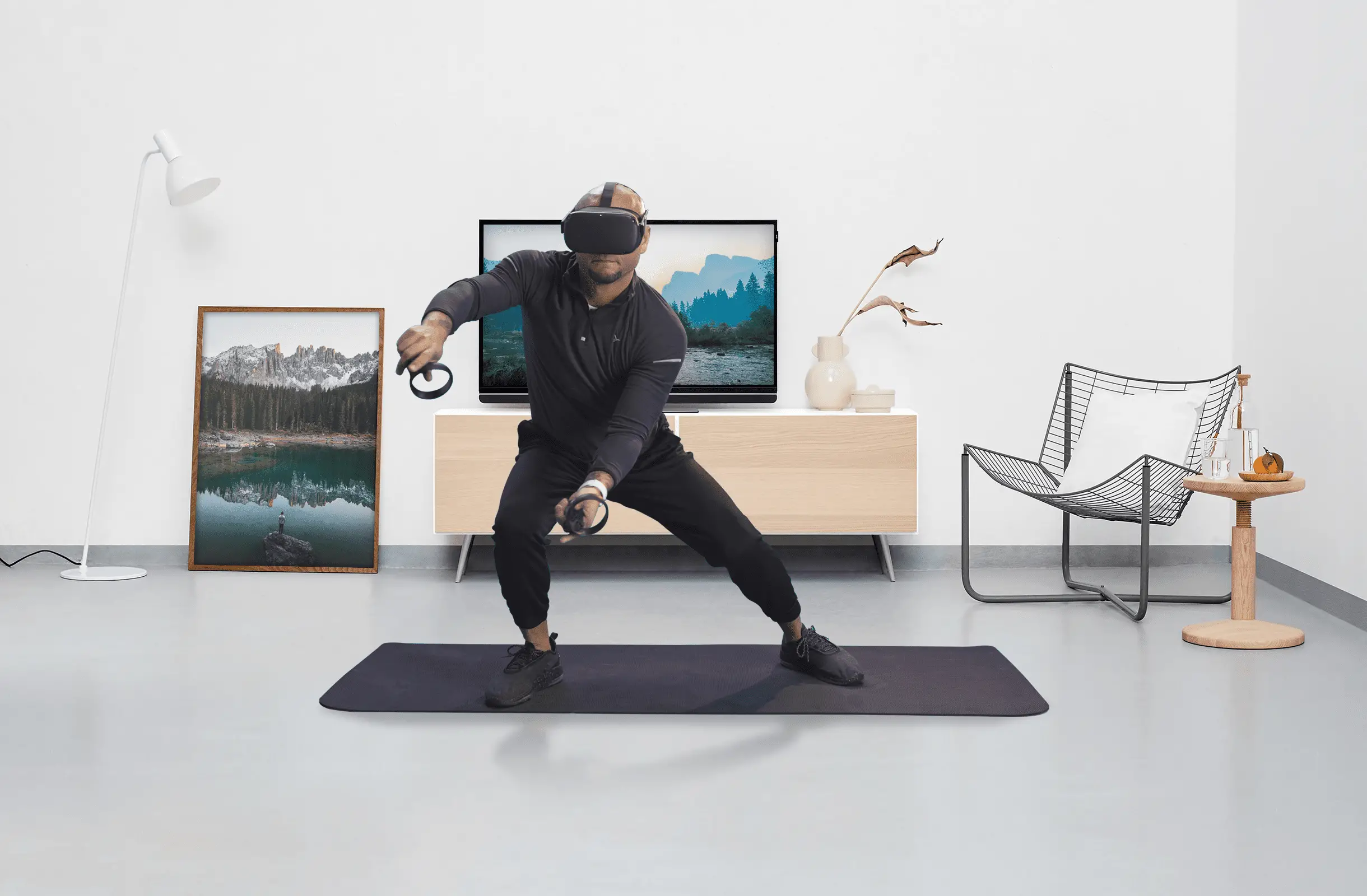 Pessoa jogando o jogo de fitness VR de Supernatural no Oculus em uma sala de estar