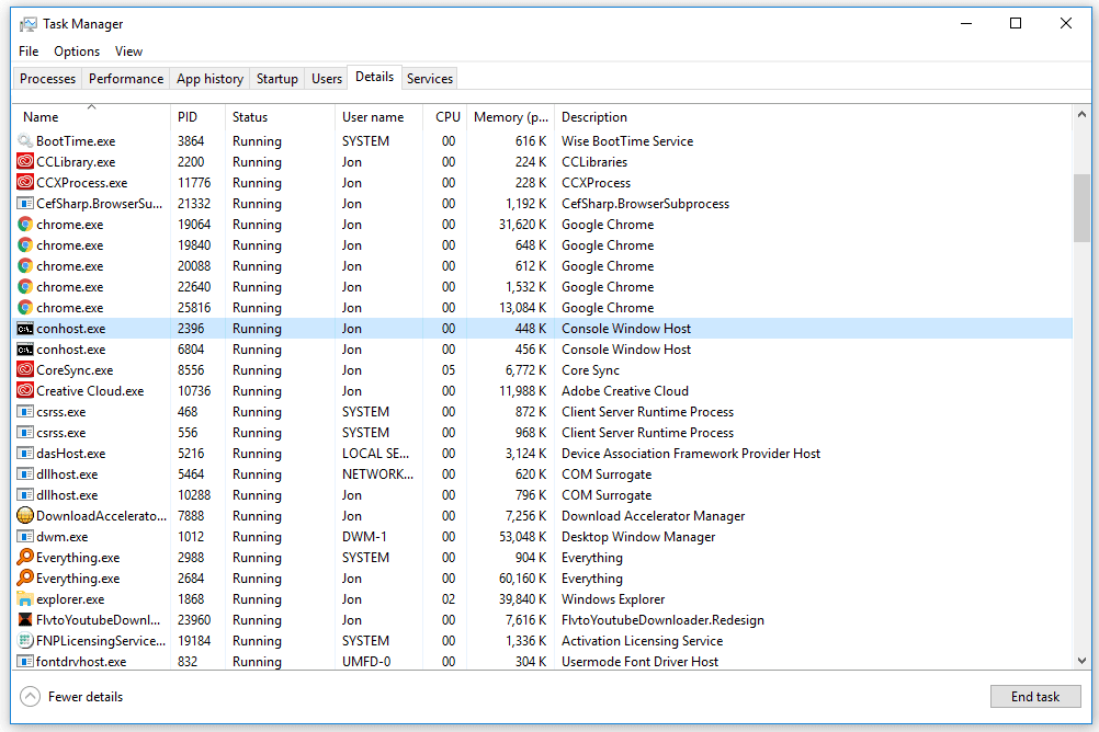 Processo conhost.exe em execução no gerenciador de tarefas do Windows 10