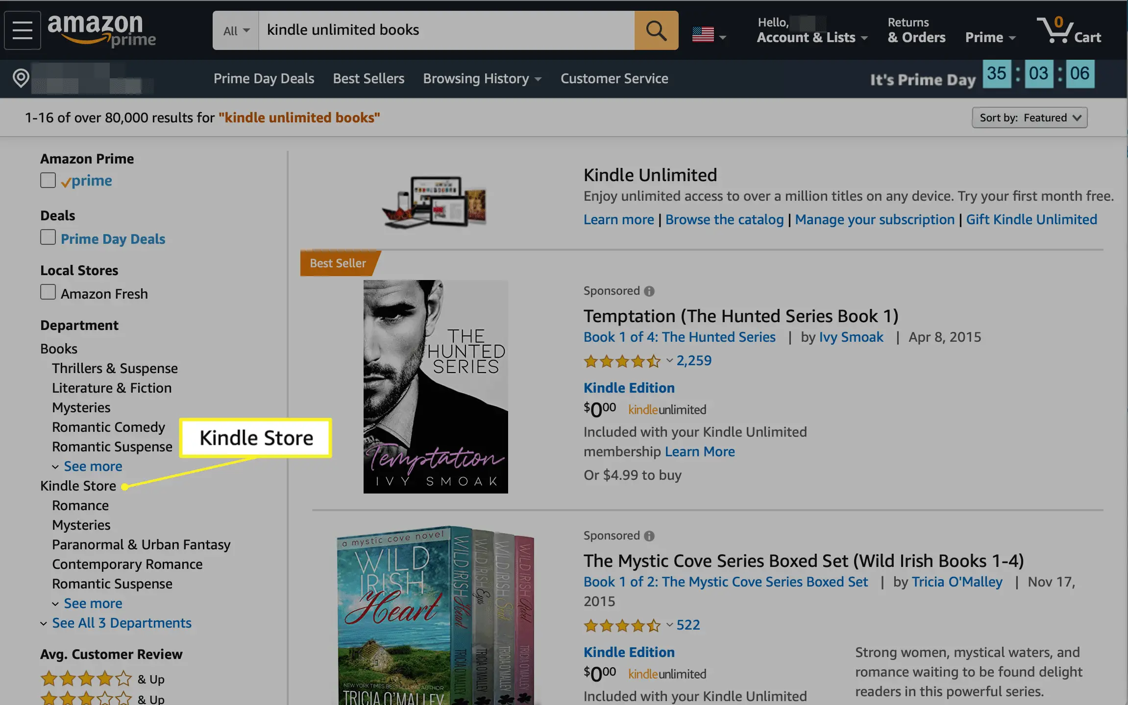 Kindle Store selecionada na seção Departamentos da Amazon