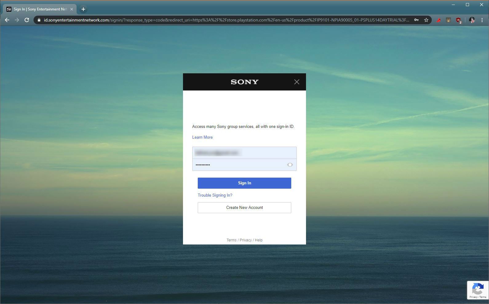 A tela de login da Sony durante o processo de inscrição no PS Plus.