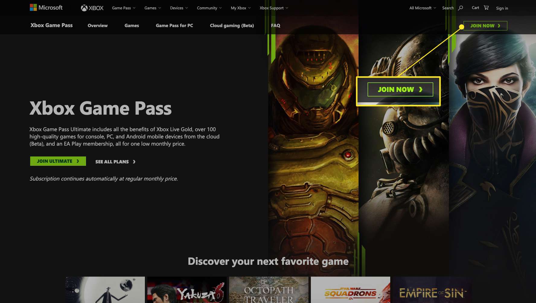 Site Xbox Game Pass com Inscreva-se agora em destaque