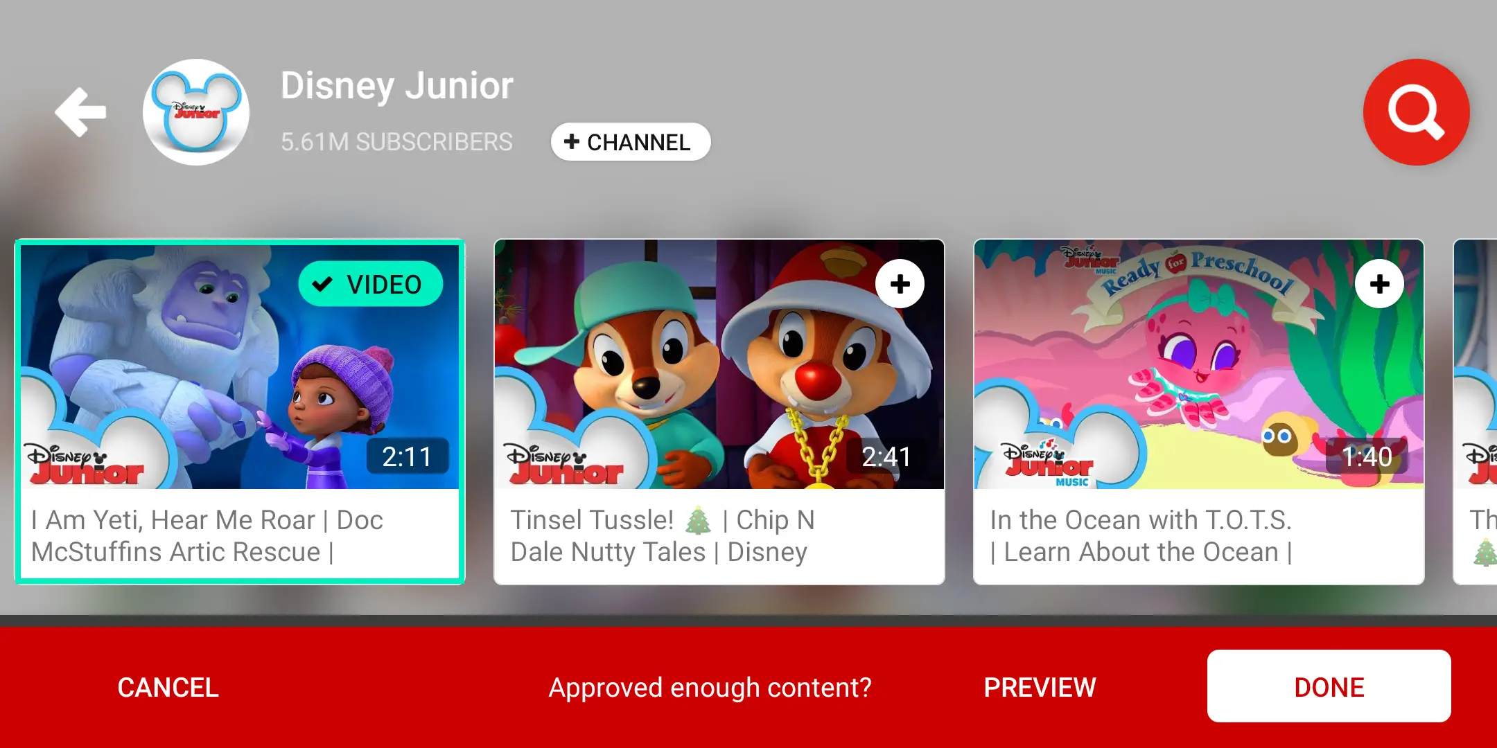 Uma captura de tela do vídeo do YouTube Kids e aprovação do canal.