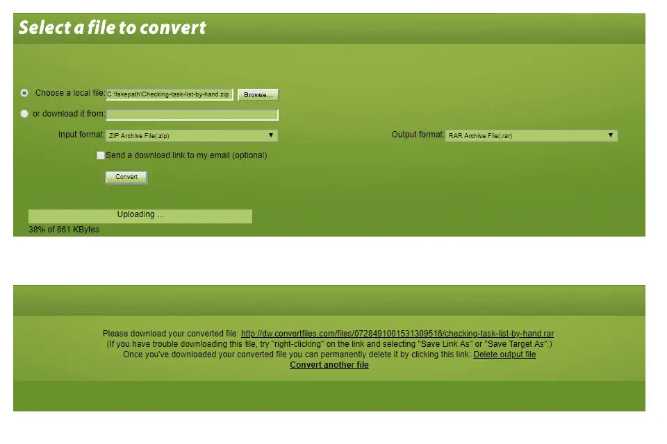Captura de tela do site Convert.Files convertendo um arquivo ZIP