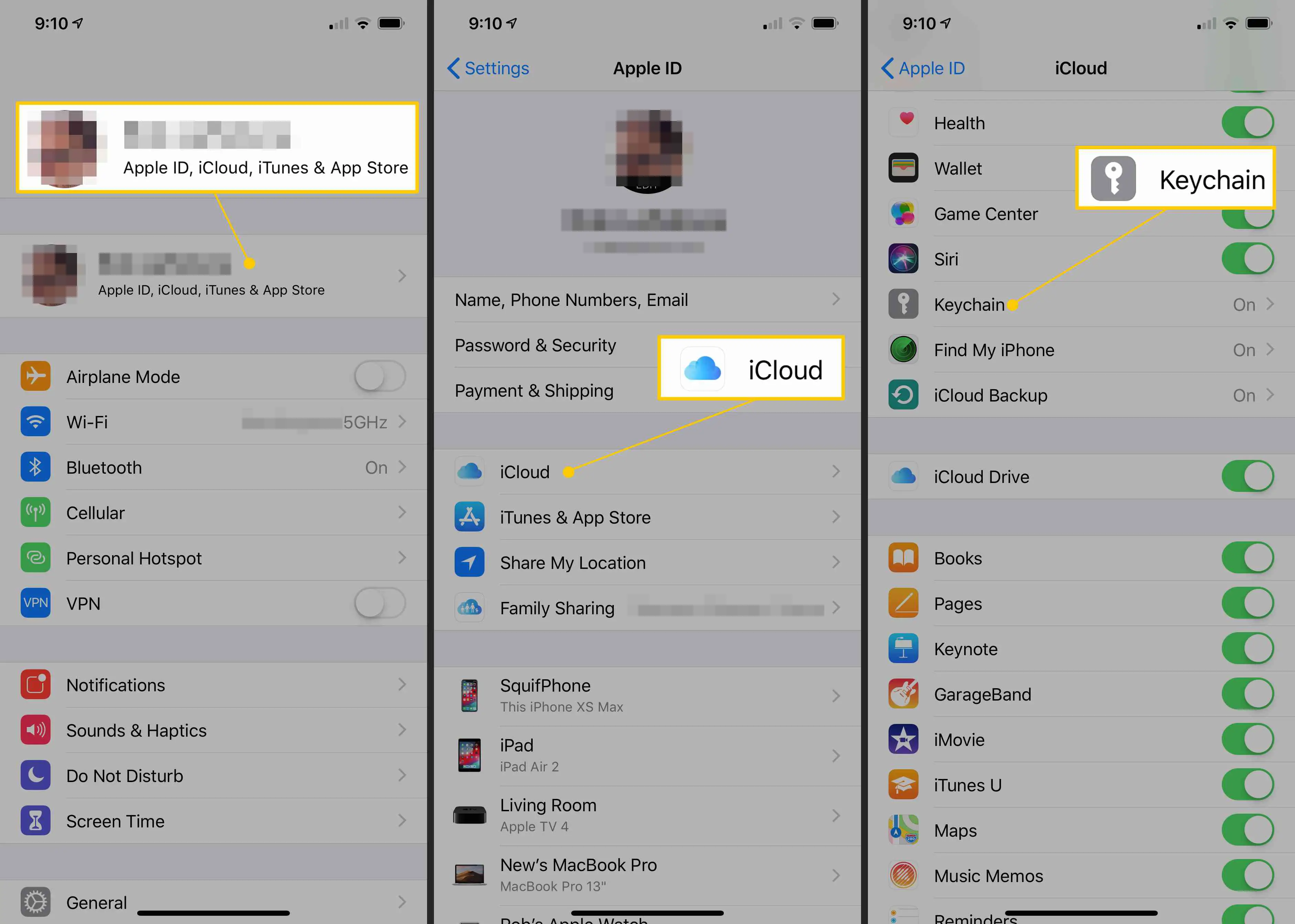 ID da Apple, iCloud, botões de chaveiro nas configurações do iOS