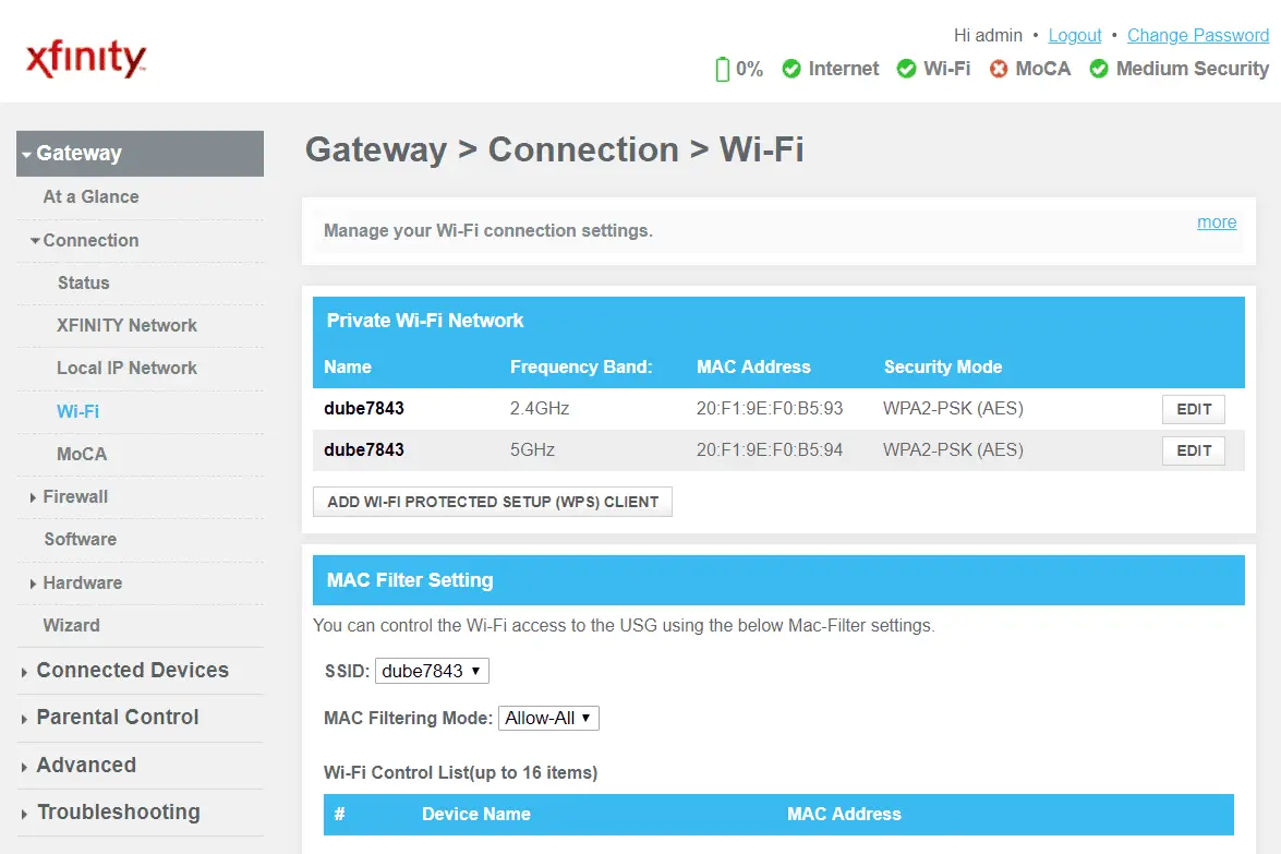 Captura de tela das configurações de conexão Wi-Fi no roteador