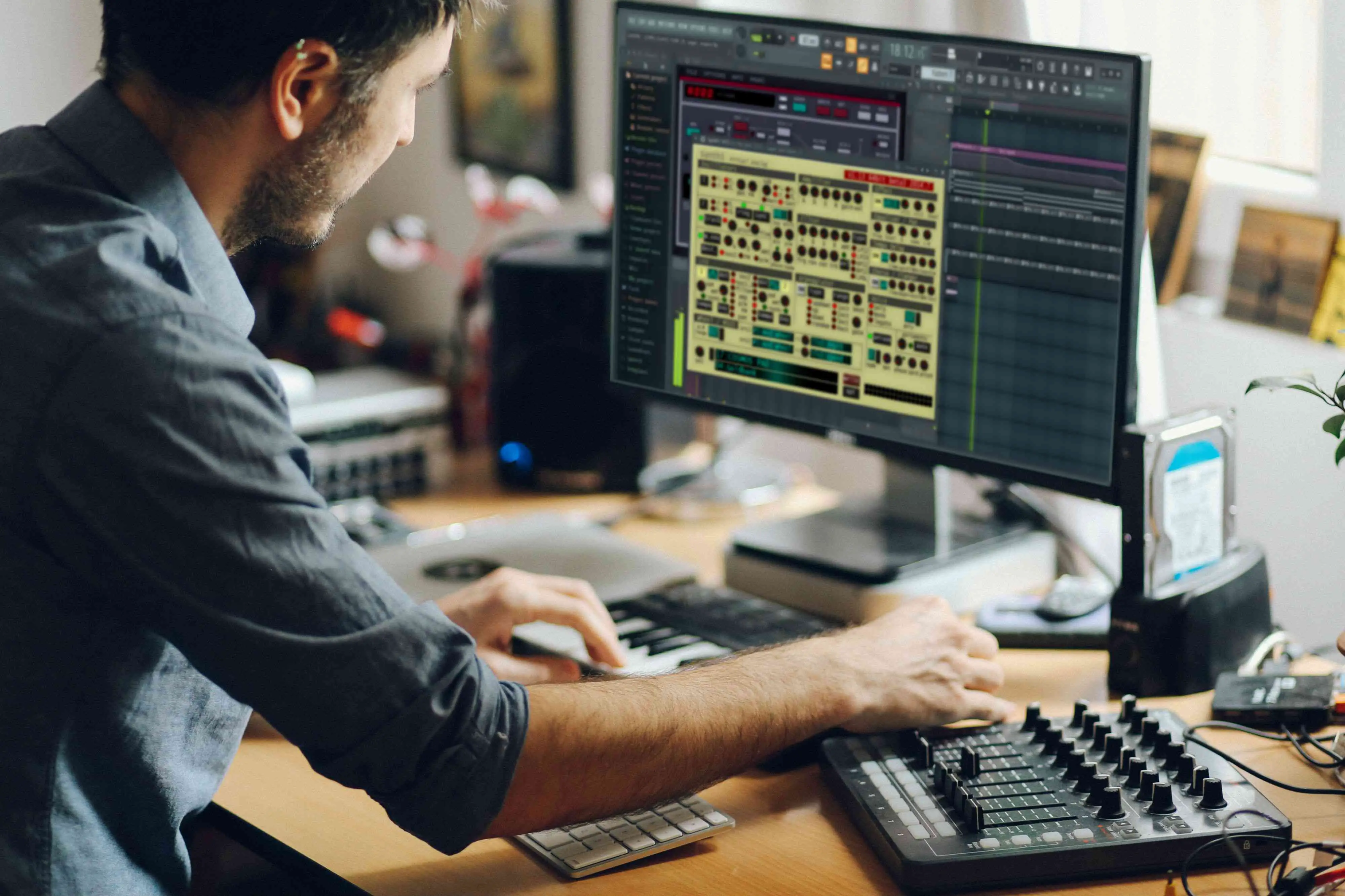 Um homem usando o plug-in VST com FL Studio.
