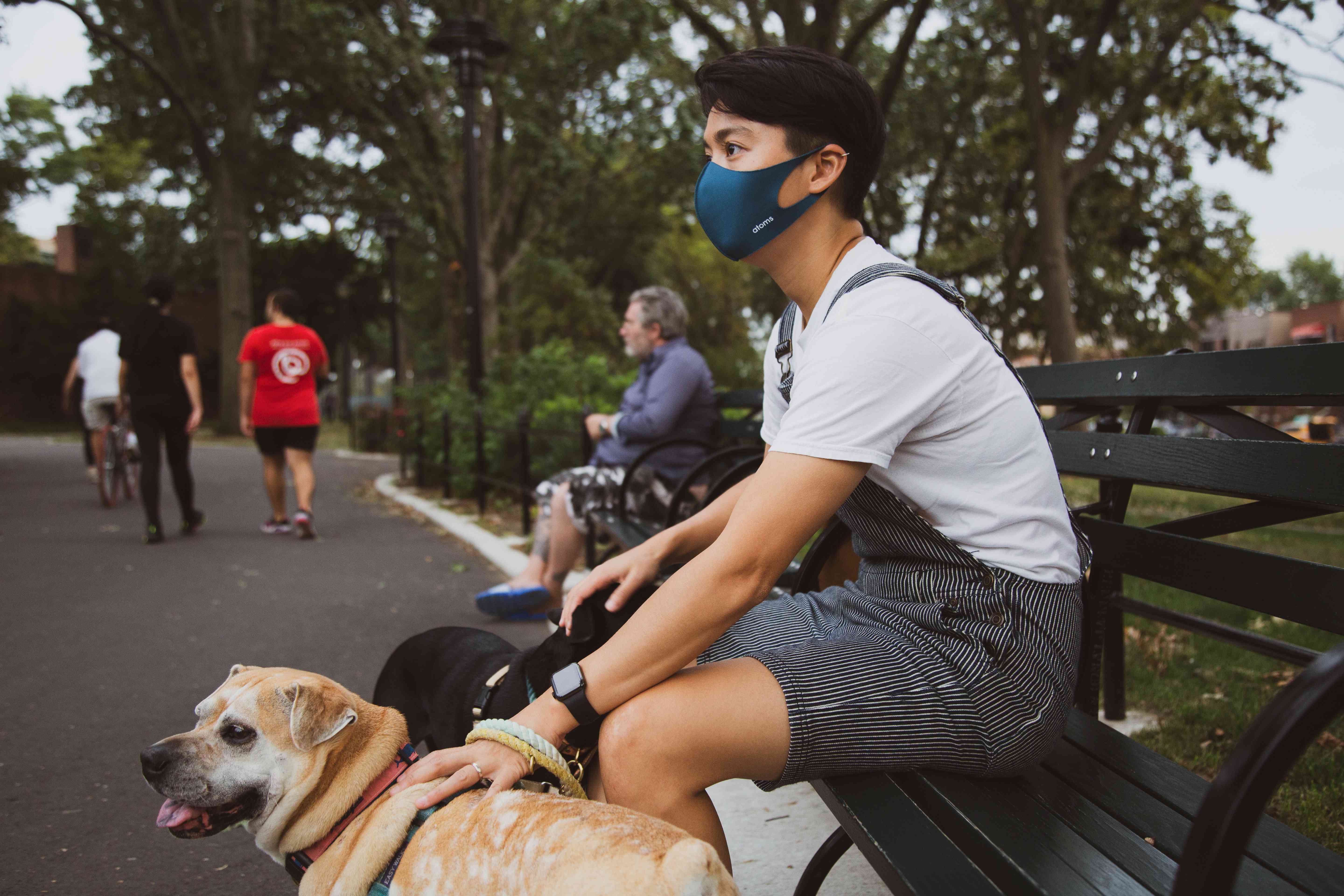 Pessoa mascarada sentada em um banco de parque com um cachorro.