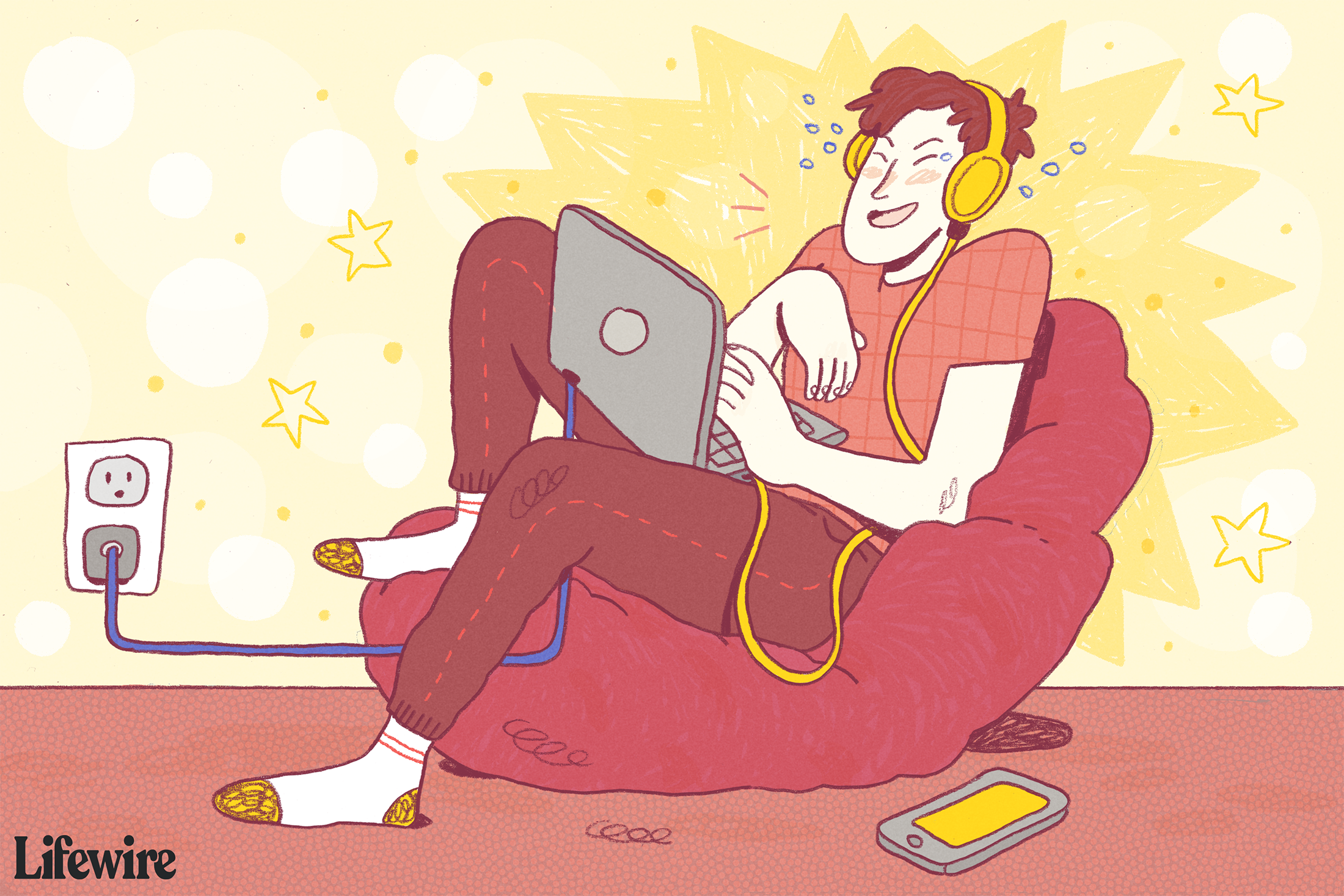 Ilustração de um jovem sentado em um laptop usando fones de ouvido do tipo Beats e rindo