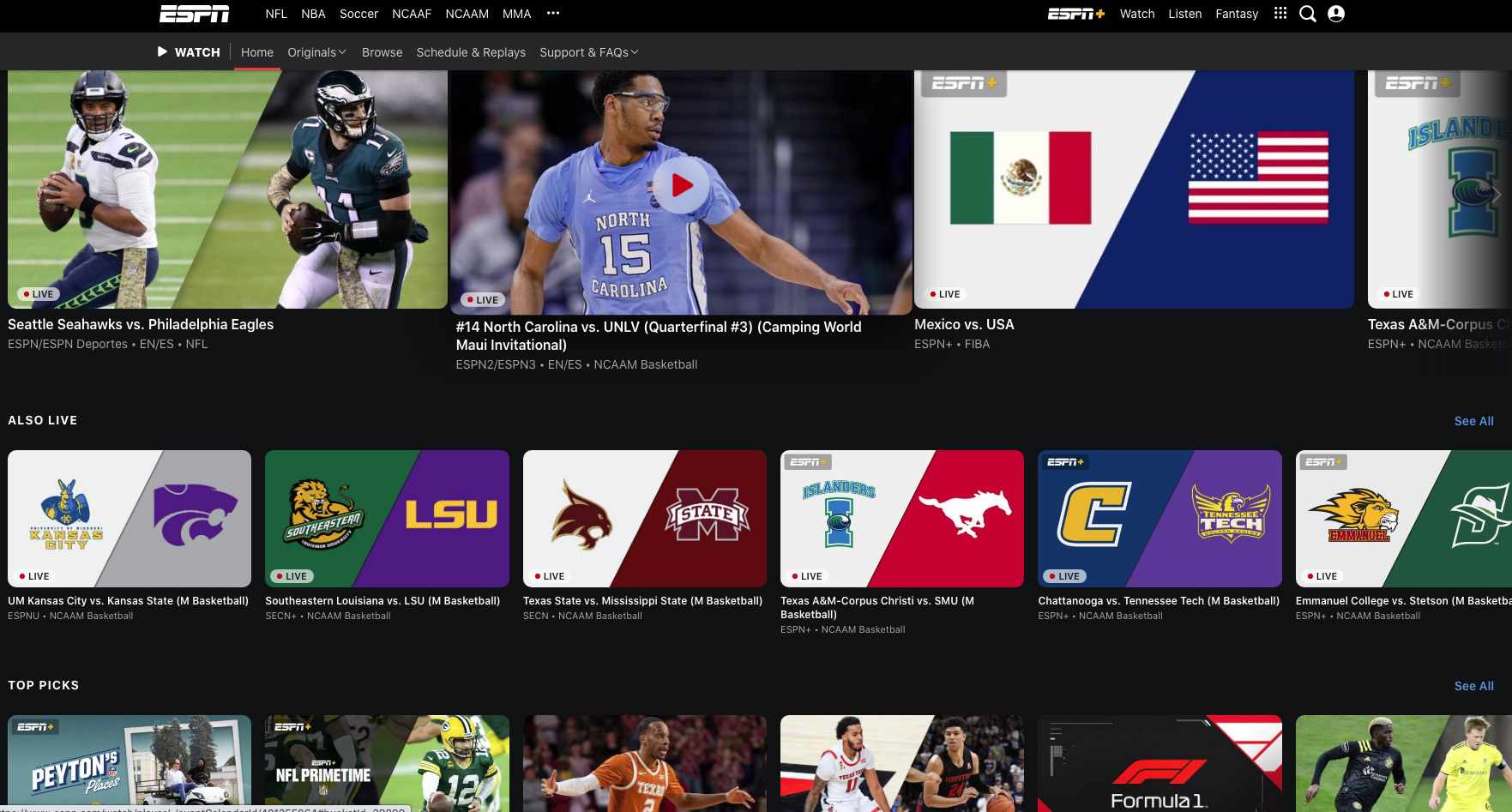 A ESPN oferece algumas transmissões ao vivo de esportes gratuitos, mas muitos jogos estão bloqueados por um acesso pago.
