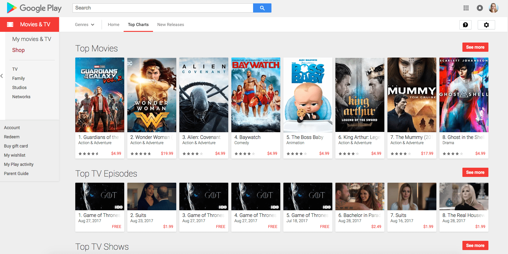 Interface principal do Google Play para filmes e TV