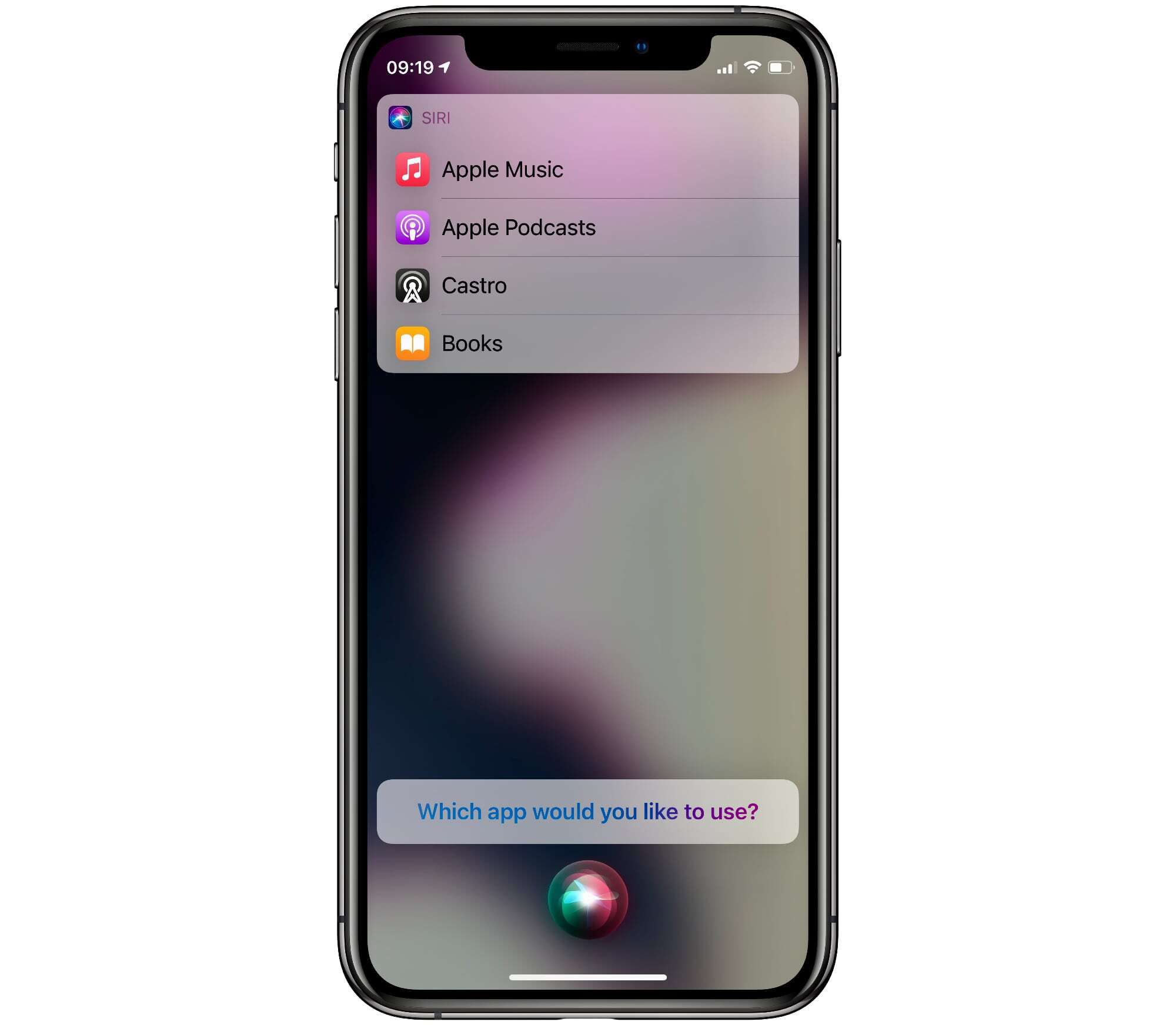 iPhone mostrando várias opções de aplicativos de música e áudio de podcast da Siri