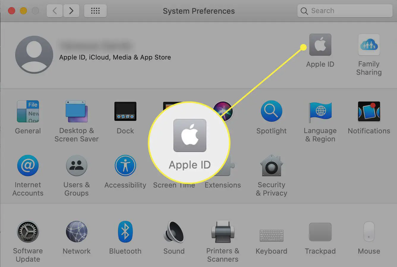 Preferências do sistema no macOS com Apple ID destacado