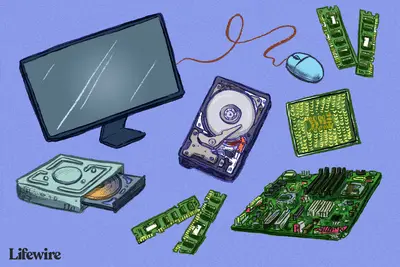 Ilustração de vários hardwares de computador, incluindo disco rígido, RAM, placa-mãe, monitor, mouse e unidade óptica