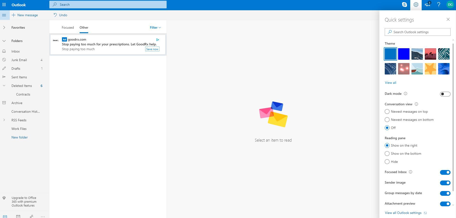 Captura de tela do menu de configurações do Outlook.com
