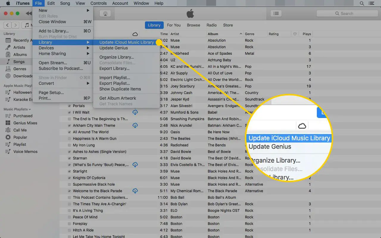 iTunes com o caminho para Atualizar a Biblioteca de Música do iCloud destacado