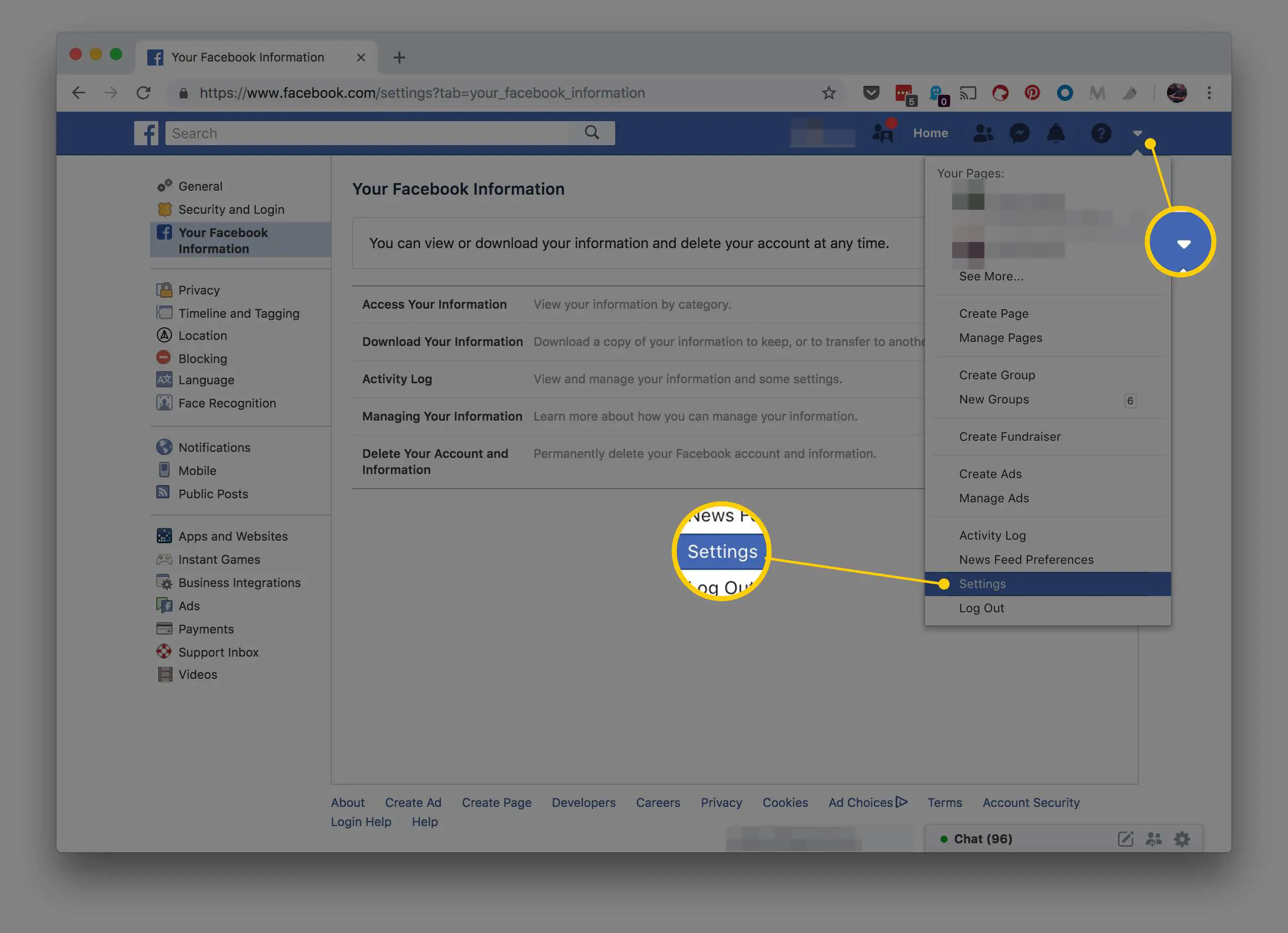 Captura de tela da página da web do Facebook, mostrando os itens de menu Opções e Configurações
