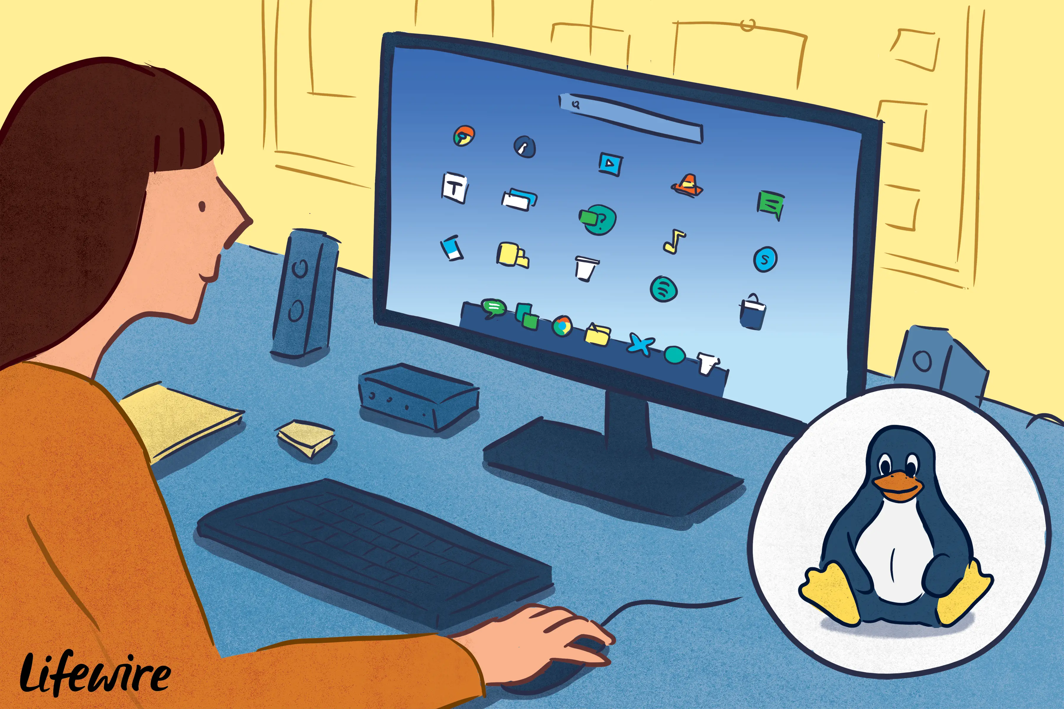 Ilustração de uma pessoa usando Linux em um computador desktop