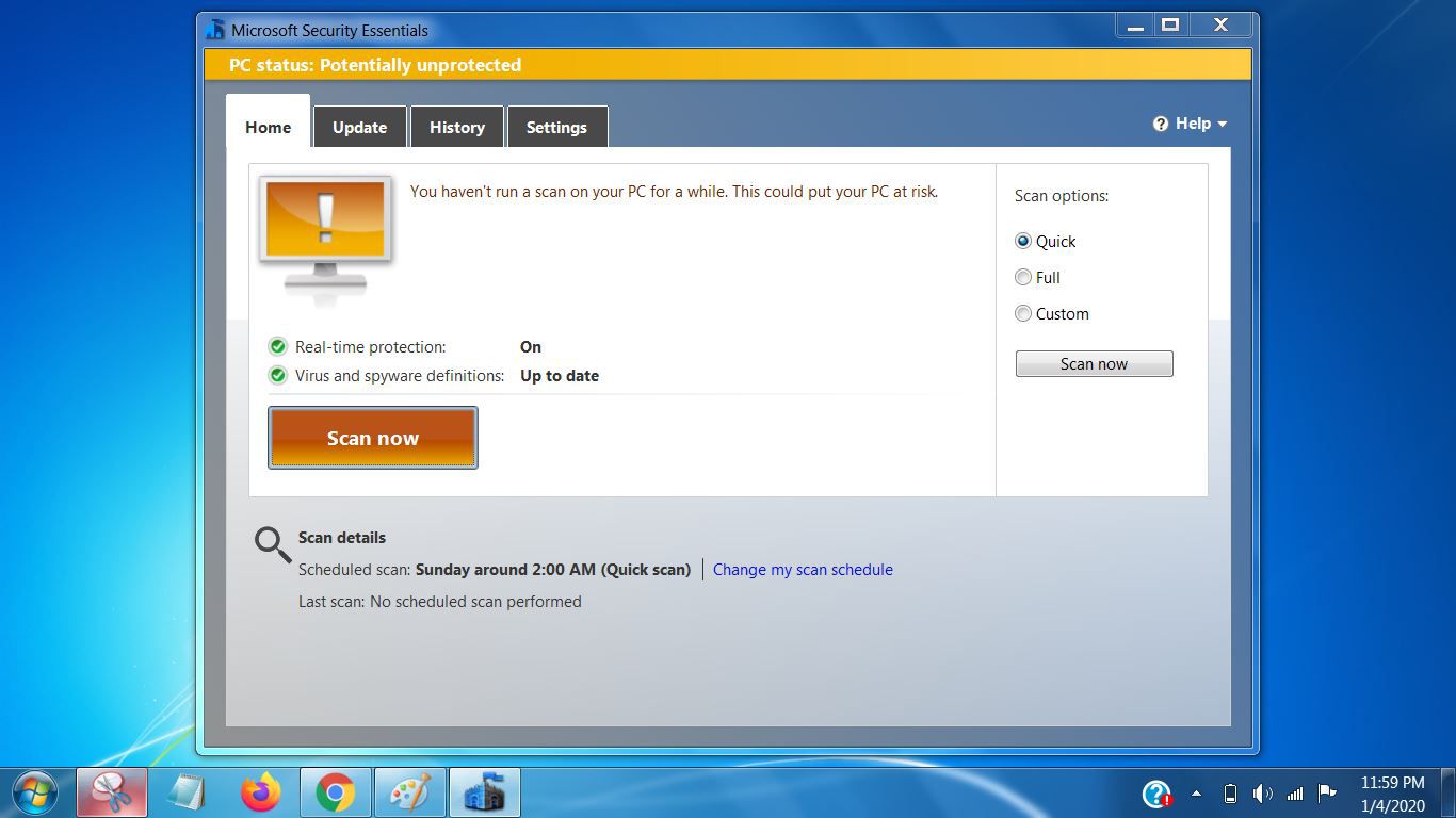 Captura de tela do Microsoft Security Essentials