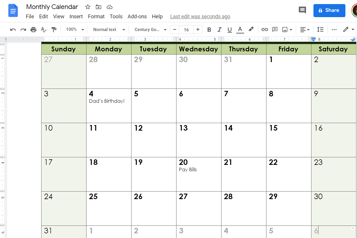 google docs calendar template 2022