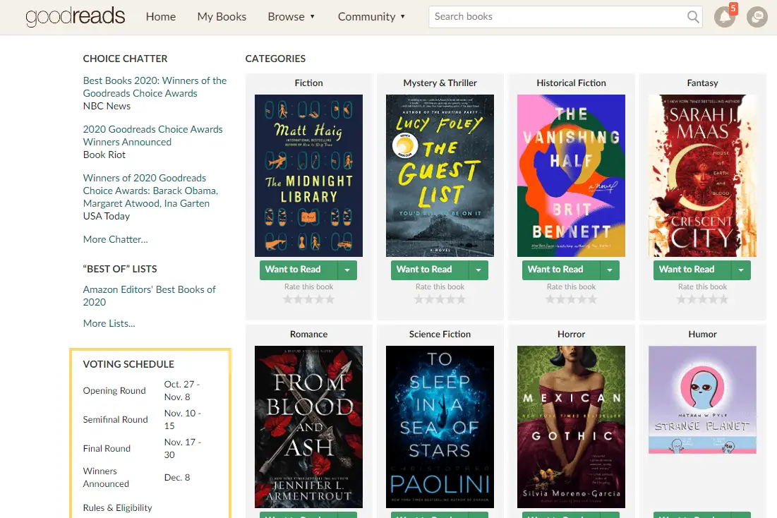 Captura de tela do site de livros Goodreads