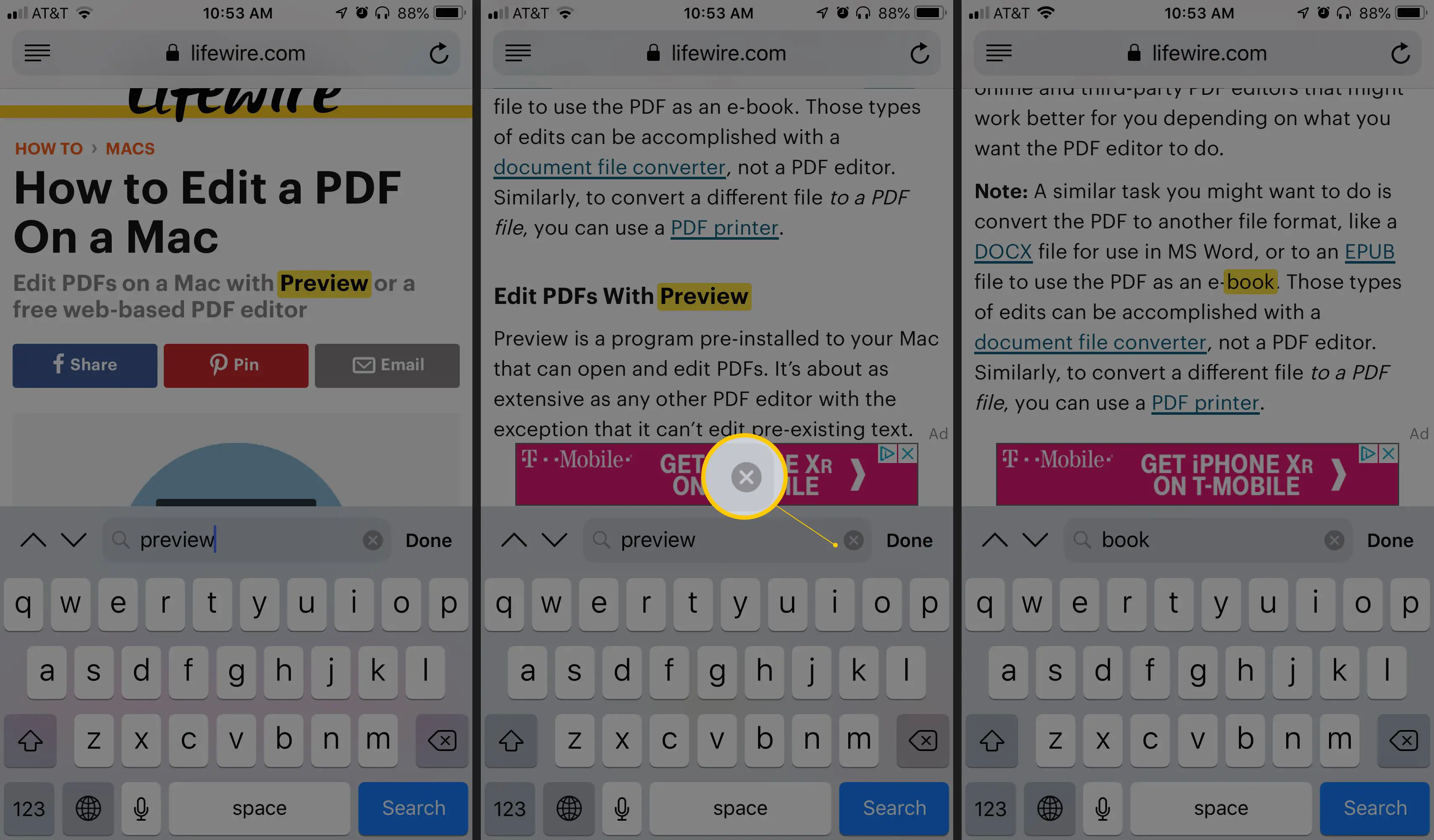 Três telas do iOS mostrando o campo de pesquisa (visualização) no Safari, o botão X e um novo termo de pesquisa (livro)