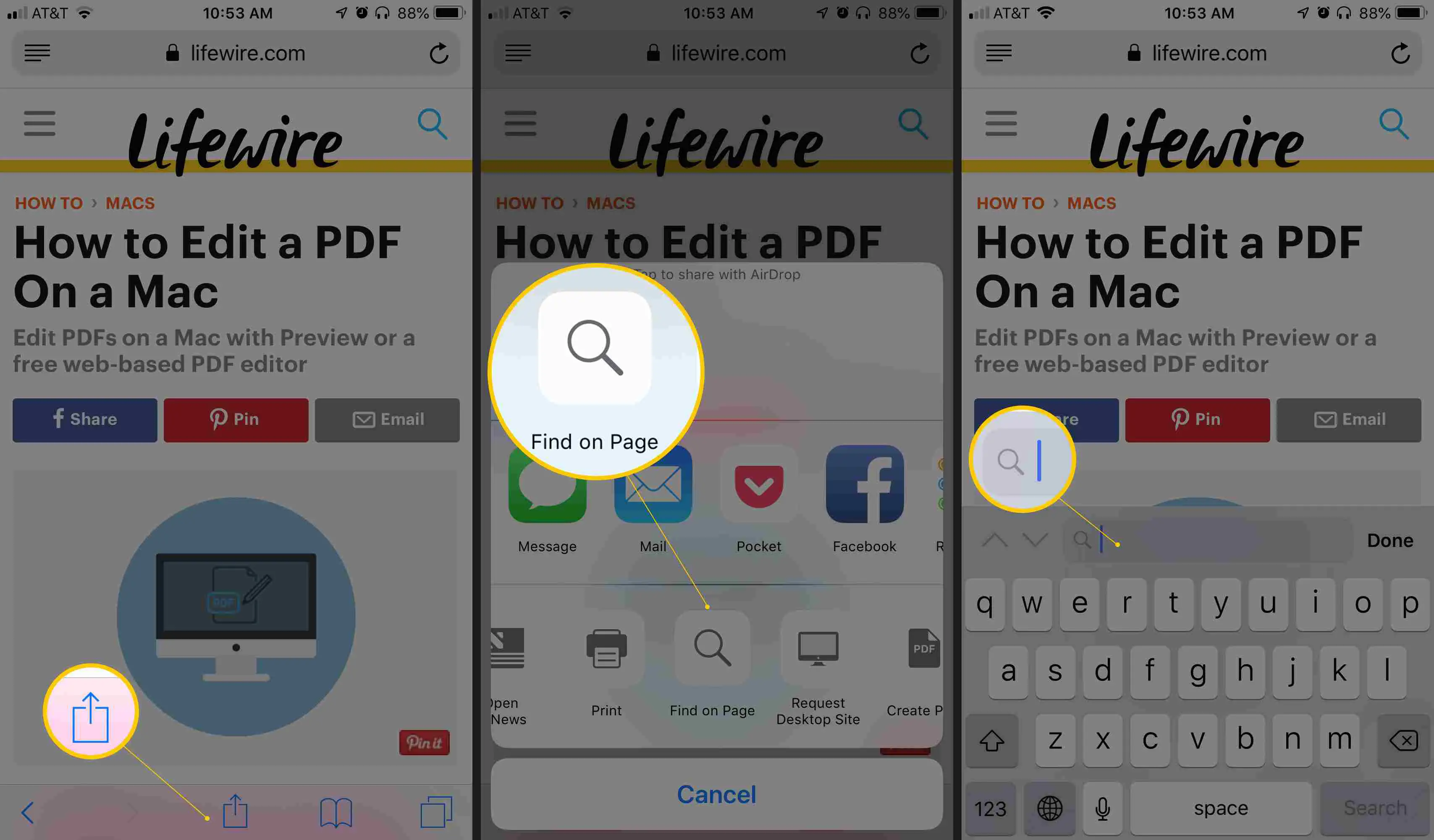 Três telas do iOS mostrando o botão de ação no Safari, Localizar na página e campo de pesquisa