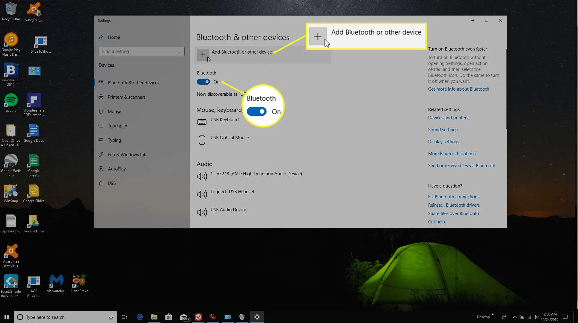 Tela de Bluetooth e outros dispositivos no Windows 10