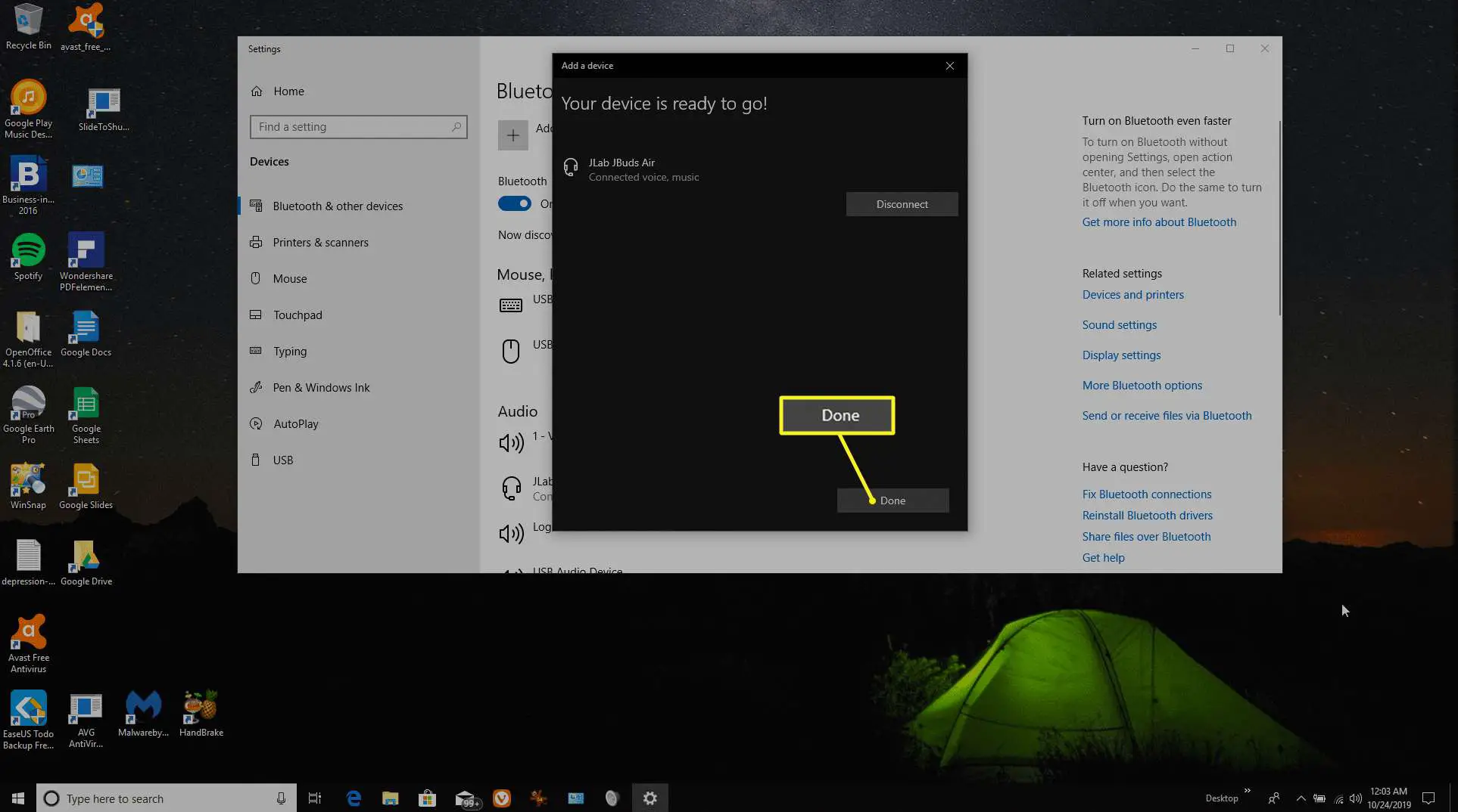 Confirmação de um dispositivo bluetooth conectado no Windows 10