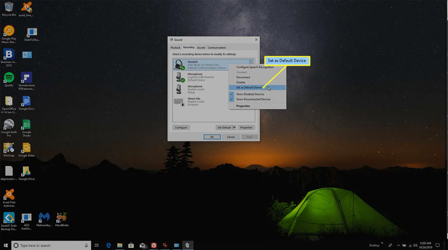 configuração do dispositivo de áudio padrão no Windows 10
